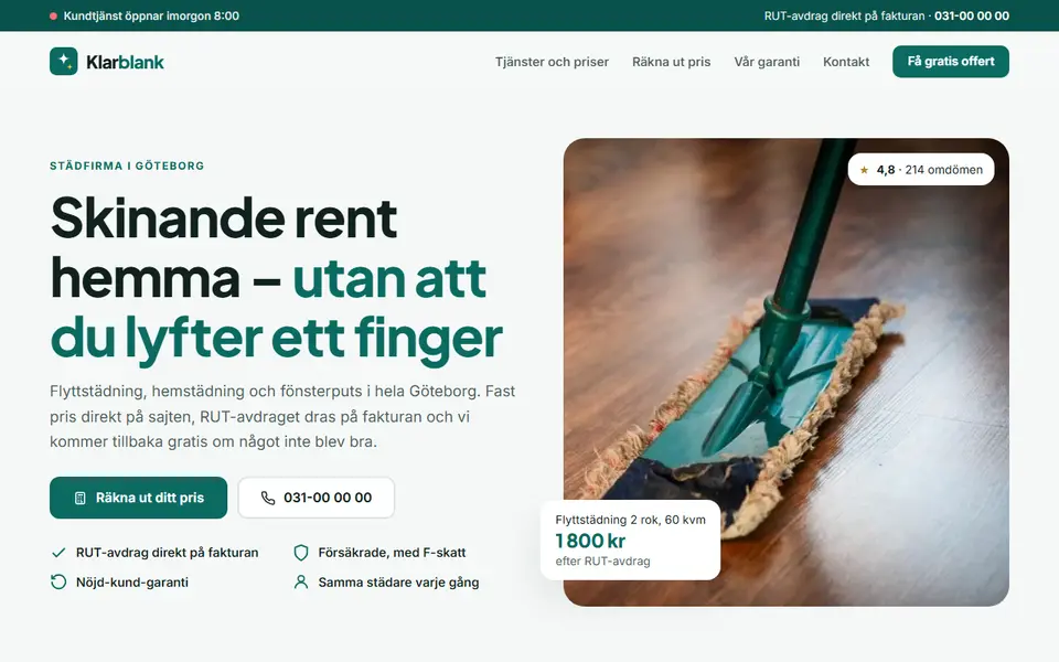 Startsidan för Klarblank Städ, med rubrik, prisräknare och betyget 4,8 av 5