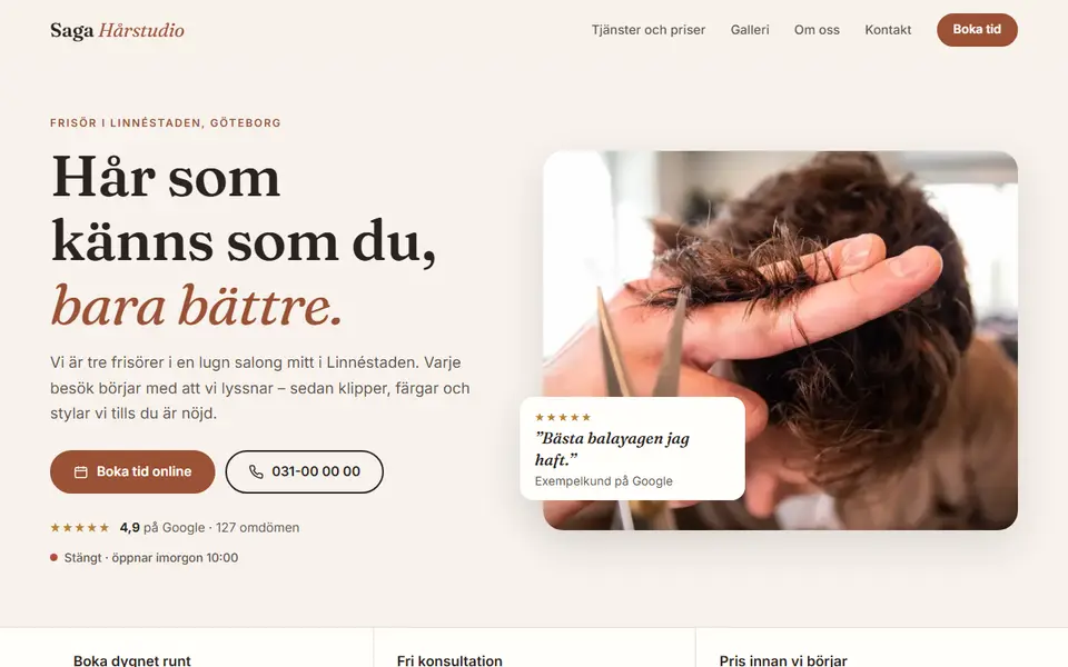 Startsidan för Saga Hårstudio, med rubrik och bokningsknapp