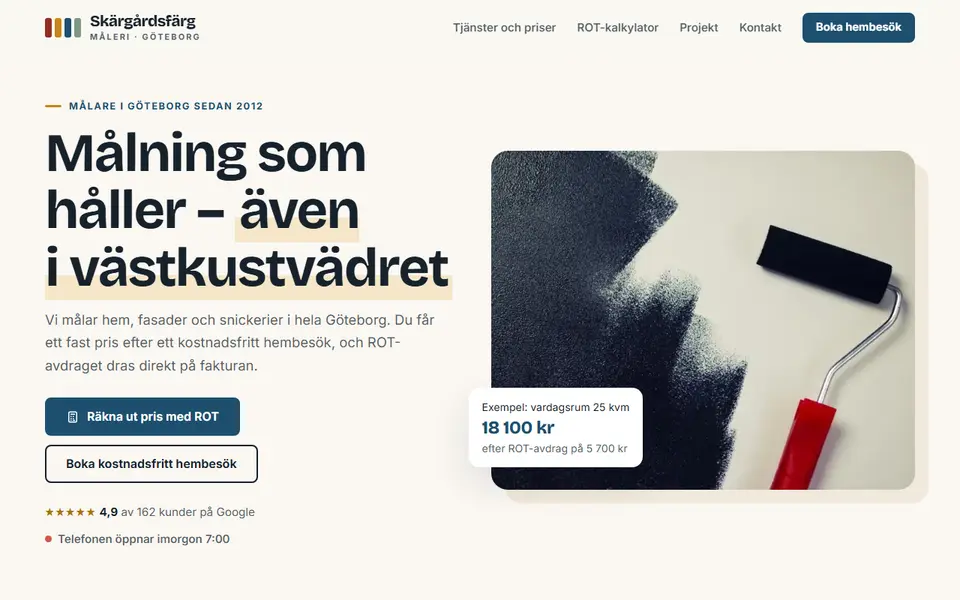 Startsidan för Skärgårdsfärg Måleri, med rubrik och ROT-kalkylator